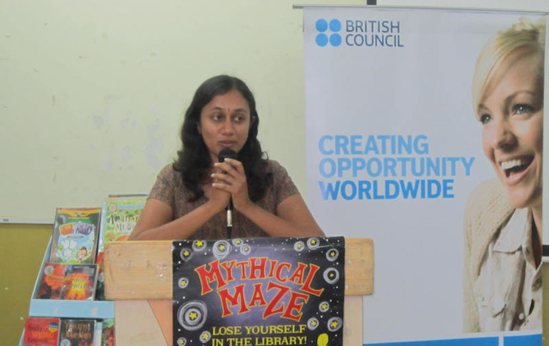 Varsha speaking at Kalmadi Shamrao School