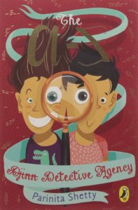 Book cover 
Text: The a - z (z is written as a mirror image) djinn (strikethrough) Detective Agency
Parinita Shetty
Image: Illustration of two kids looking through one magnifying glass straight at the reader