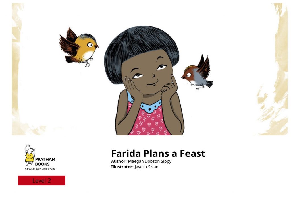 Farida Plans a Feast book cover - girl thinking, with two birds fluttering around her face