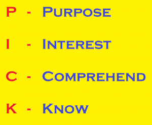 Purpose, Interest, Comprehend, Know