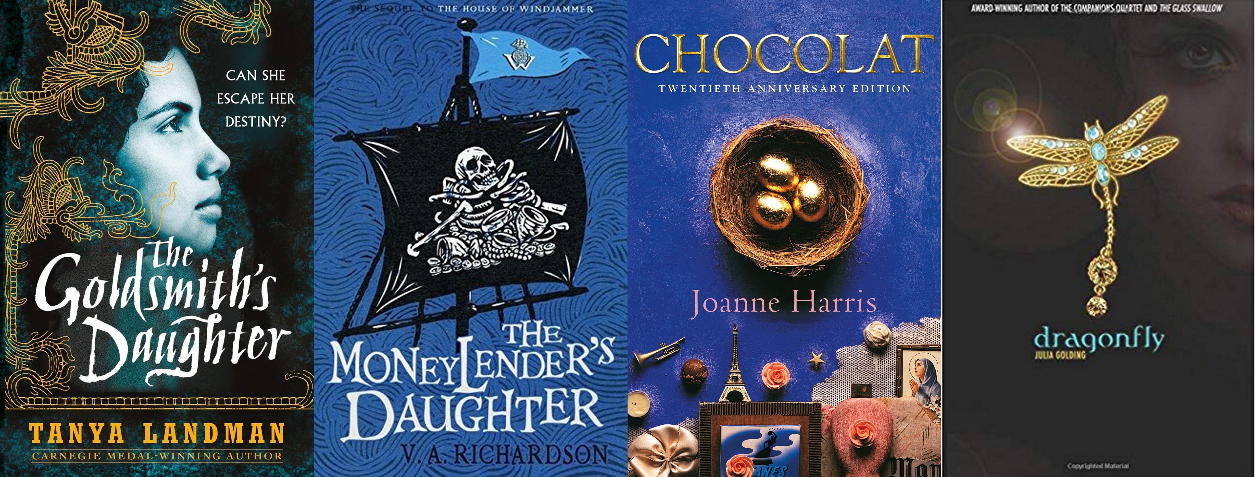 Book covers - The Goldsmith's Daughter, The Moneylender's Daughter, Chocolat, Dragonfly