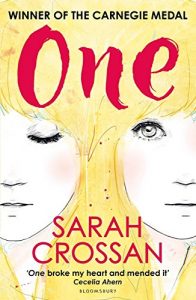 Text: Winner of the Carnegie Medal
One
Sarah Crossan
'One broke my heart and mended it' Cecelia Ahern
Bloomsbury
Image: Illustration of two identical faces, one with eyes closed and the other with eyes open