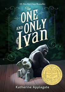 The One and Only Ivan book cover - animated gorilla and elephant sitting back to back on a wooden floor. Text says Number 1 New York Times Bestseller Author Katherine Applegate