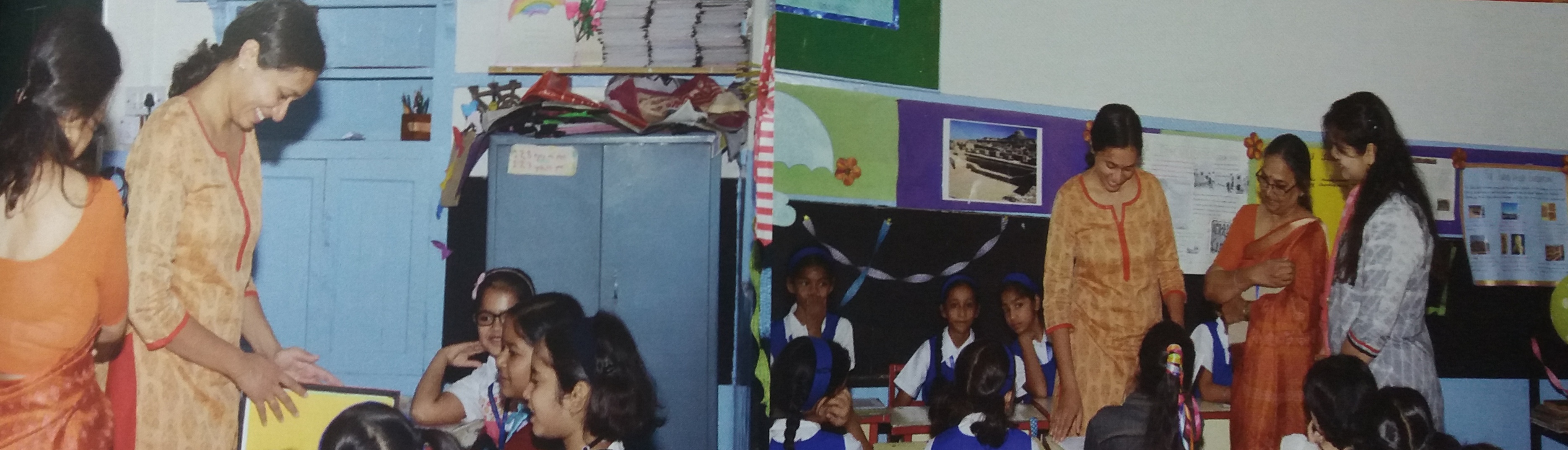 Two photos - Varsha Seshan visiting classrooms with young children and two teachers