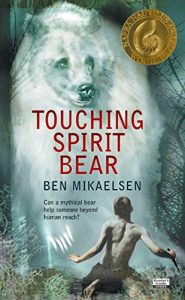 Book cover 
Touching Spirit Bear 
Ben Mikaelsen
Can a mythical bear help someone beyond human reach?
Back of a boy in the foreground, huge white bear facing the reader