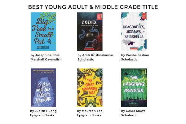 Best Young Adult & Middle Grade Title
Six cover images
Big Tree in a Small Pot by Josephine Chia (Marshall Cavendish)
Codex by Aditi Krishnakumar (Scholastic)
Dragonflies, Jigsaws, and Seashells by Varsha Seshan (Scholastic)
Sofia and the Utopia Machine by Judith Huang (Epigram Books)
The Great Singapore Sale by Maureen Yeo (Epigram Books)
The Laughing Monster by Golda Mowe (Scholastic)