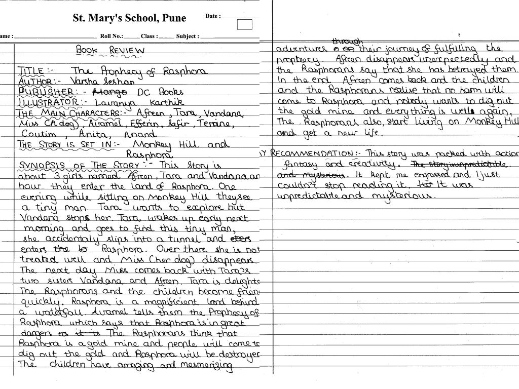 Book review written by a child on school stationery. Complete transcription below