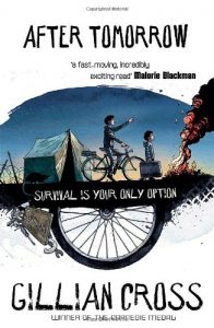 Text: After Tomorrow
'a fast-moving, incredibly exciting read' Malorie Blackman
Survival is your only option
Gillian Cross
Winner of the Carnegie Medal
Image: Barbed wire, a tent, a boy on a bicycle pointing, a younger boy walking next to the cycle carrying a large suitcase, smoking fire
Below ground, a tool kit and a half of a large cycle wheel