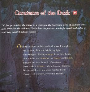 Photograph of the poem "Creatures of the Dark" with mildly scary background graphics