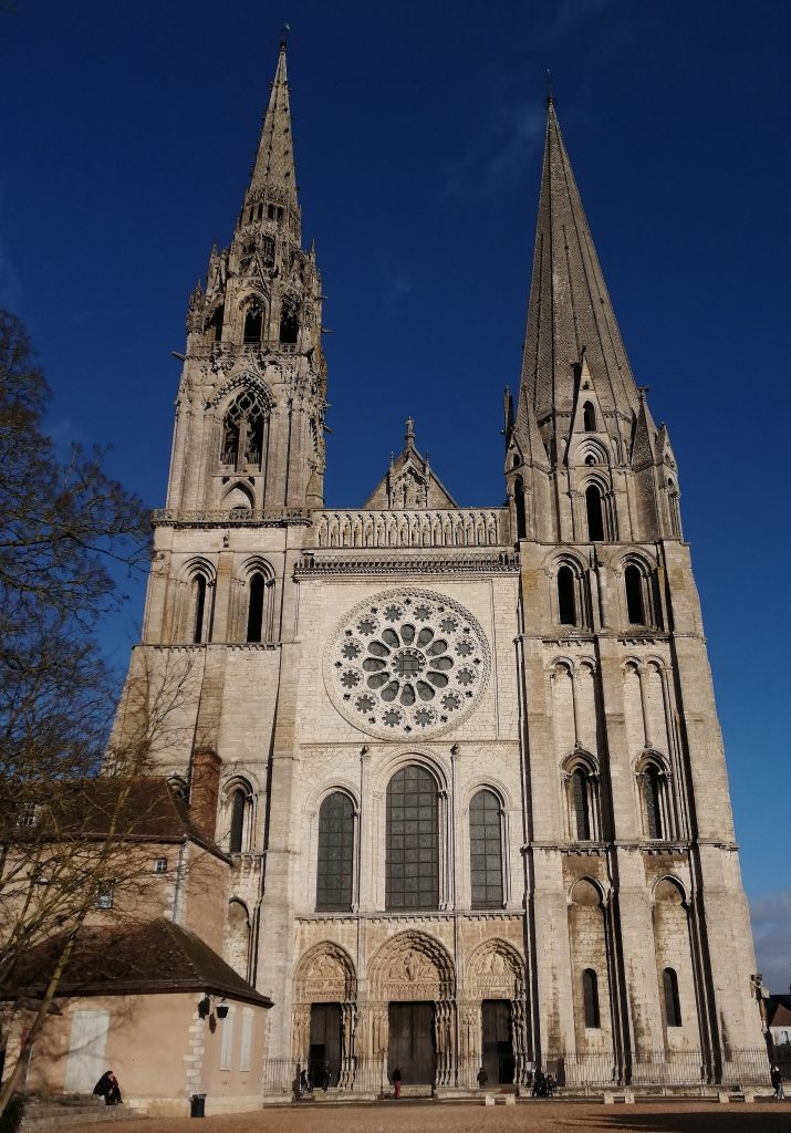 The Chartres cathedral against the evening sky