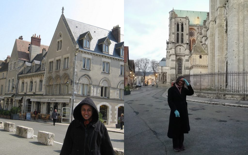 Two images of me - one against a set of buildings, the other against the cathedral