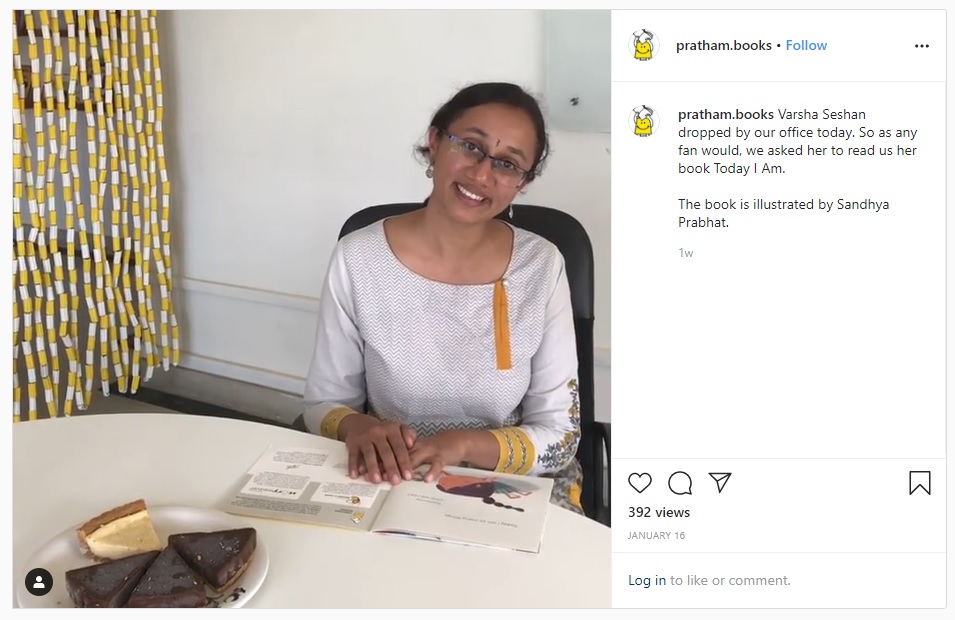 Instagram Screenshot of Varsha Seshan smiling, on the right pratham books says: Varsha Seshan dropped by our office today. So as any fan would, we asked her to read us her book Today I Am. The book is illustrated by Sandhya Prabhat.