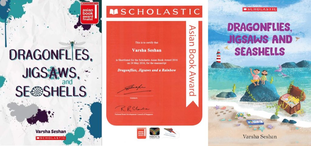 Collage of three images - a book cover of the Asian edition of Dragonflies, Jigsaws and Seashells; a certificate from Scholastic shortlisting the manuscript for the Asian Book Award; the book cover of the Indian edition of the book.