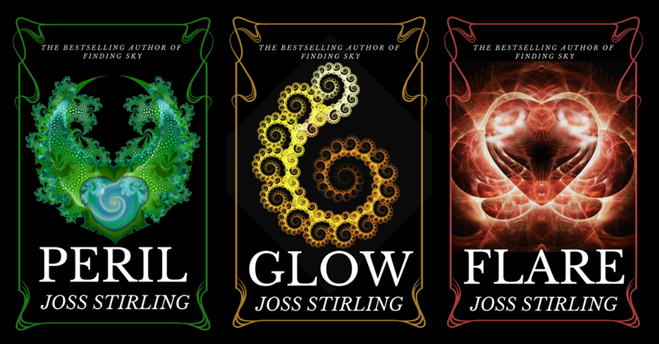 Three book covers
Peril, Glow and Flare by Joss Stirling
Images: Illustrations of different patterns - one in green, one in yellow, one as a reddish heart