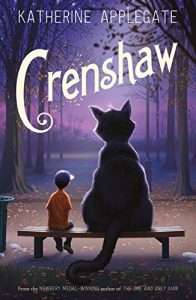 Book cover
Text: Katherine Applegate
Crenshaw
From the Newbery Medal-Winning author of The One and Only Ivan
Image: Illustration of a boy and a giant cat sitting on a bench looking away from us into the purple woods