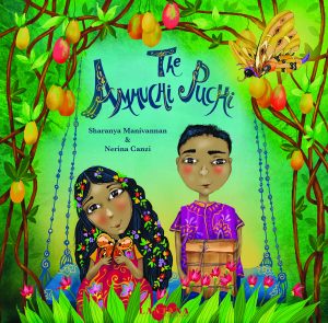 Book cover
Text: The Ammuchi Puchi
Sharanya Manivannan & Nerina Canzi
Image: Illustration of a girl holding a butterfly and a boy holding a big box, sitting on a swing in a tropical garden