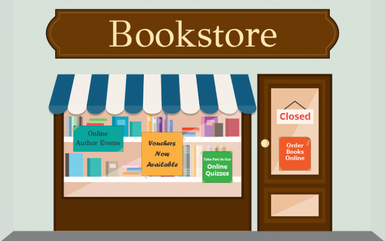 illustration of a closed bookstore with signs that say 'order books online', 'online author events', etc