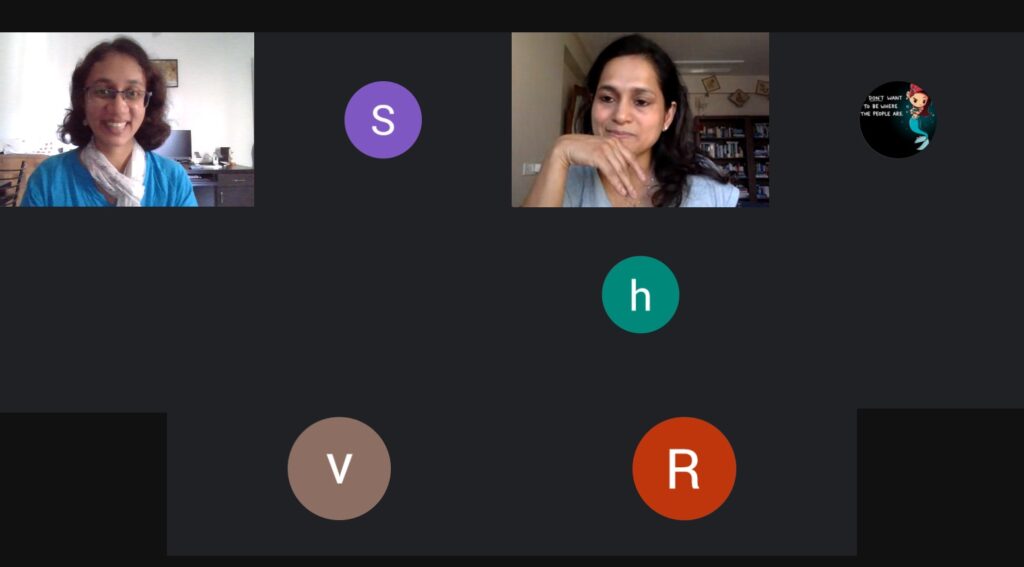 Screenshot of a Google Meet with just two faces visible - Varsha Seshan and Nalini Sorensen