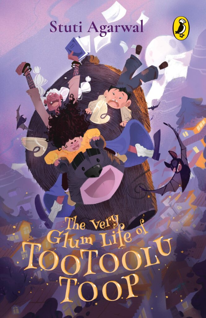 Book cover
Text: Stuti Agarwal
The Very Glum Life of Tootoolu Toop
Illustration of a girl, a boy and an old woman riding on the back of a flying bear, with bats around them