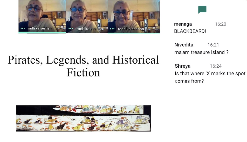 Screenshot of the guest session on pirates, legends and historical fiction by Dr Radhika Seshan