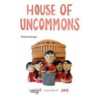 Book cover
Text: House of Uncommons
Vishaka George
Image: Illustration of five children in uniform against the backdrop of a parliamentary building.