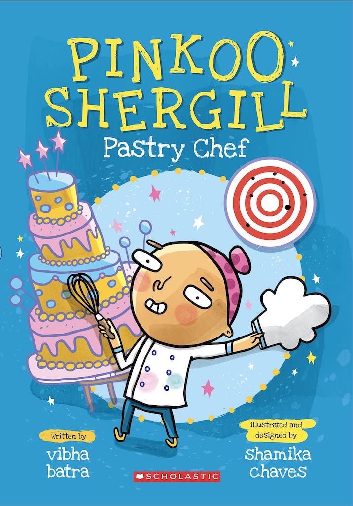 Book cover
Text:
Pinkoo Shergill Pastry Chef
written by Vibha Batra
illustrated and designed by Shamika Chaves
Scholastic
Image:
A boy in a turban holding a whisk in one hand and a chef's hat in the other. A huge cake and candy in the background.