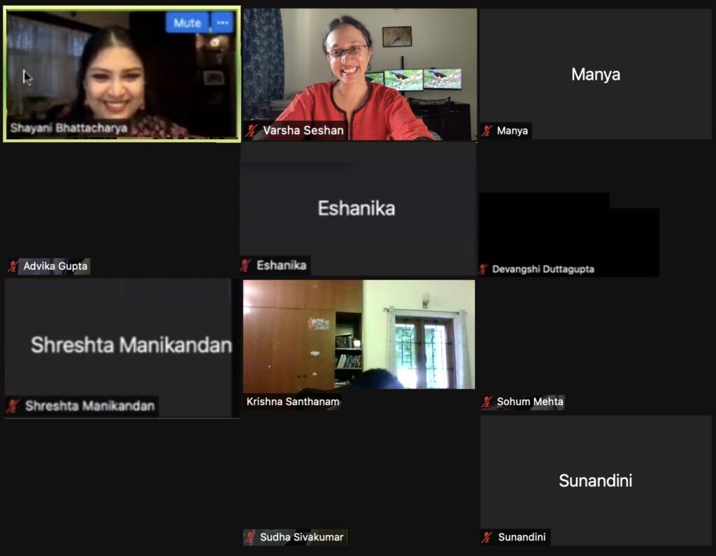 Zoom Screenshot with the faces of Shayani Bhattacharya and Varsha Seshan visible
