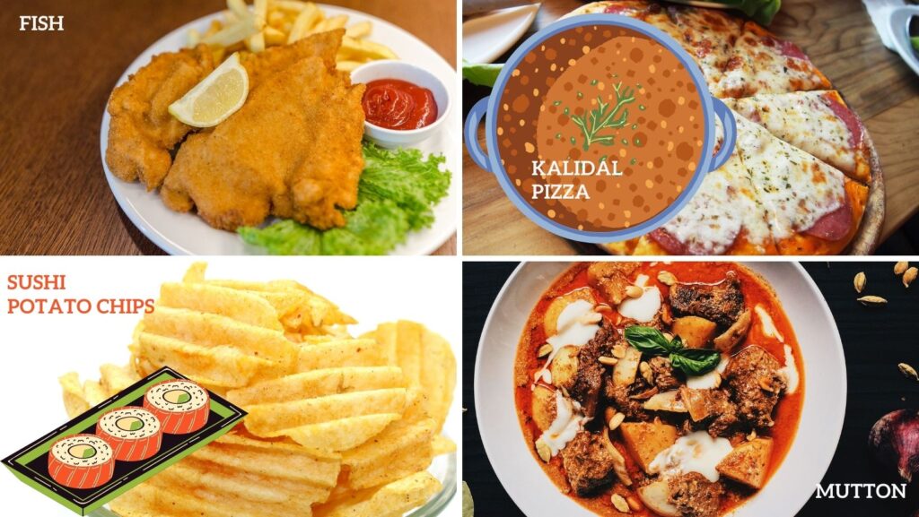 Collage of fried fish, kalidal, pizza, sushi, chips and mutton.
