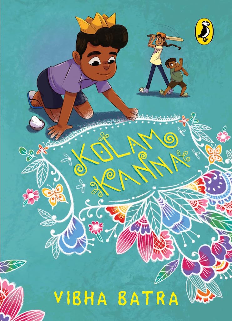 Book cover
Kolam Kanna
Vibha Batra
Illustration of a boy drawing a kolam (a design on the ground), a girl and a boy in the background playing cricket