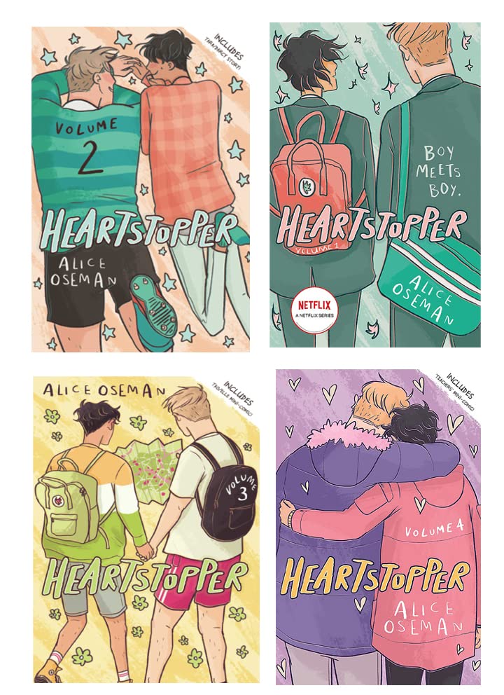Four book covers of Heartstopper by Alice Oseman. All four show us the same two high school boys together from the back